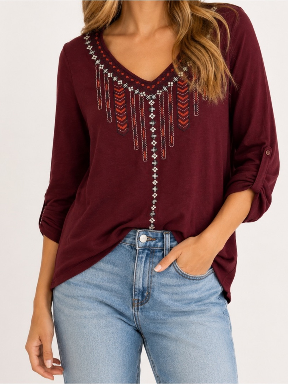 Skies Are Blue Embroidered Burgundy Boho Top Size Medium V-Neck Roll Tab Sleeve